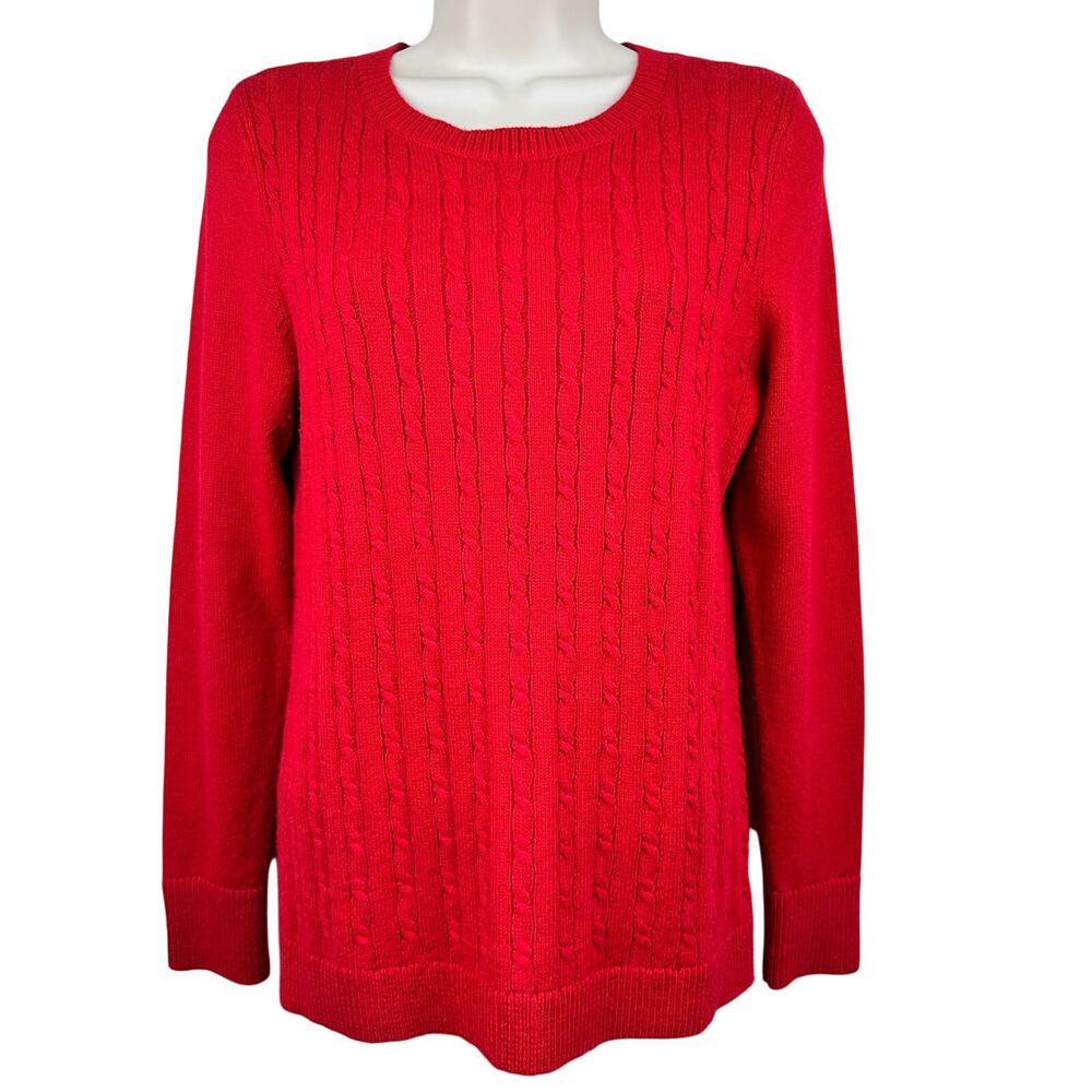 Talbots Cable Knit Sweater Long Sleeve Crew Cotton Blend Red MP Petite Classic